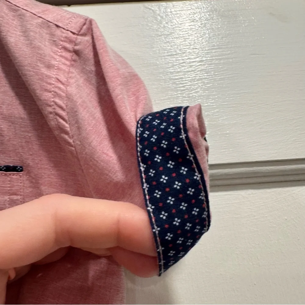 Craft‎ + Flow Toddler Boys Pink Button Up Shirt 3T Contrast Sleeve Turnup Easter